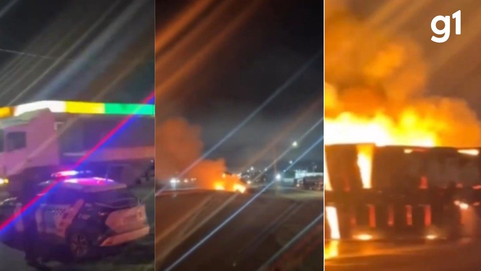 Carreta pega fogo após tombar com algodão na BR-364 em Cuiabá