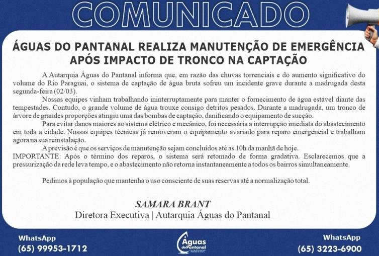 Manutenção Águas do Pantanal: Emergência após tronco atingir captação