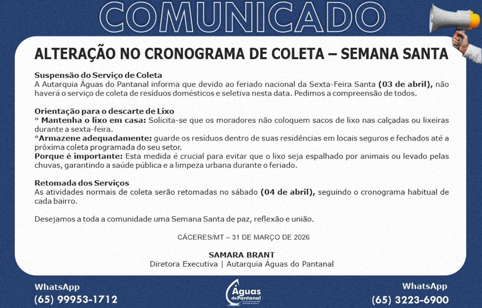Alteração na coleta Semana Santa em Cáceres: Águas do Pantanal