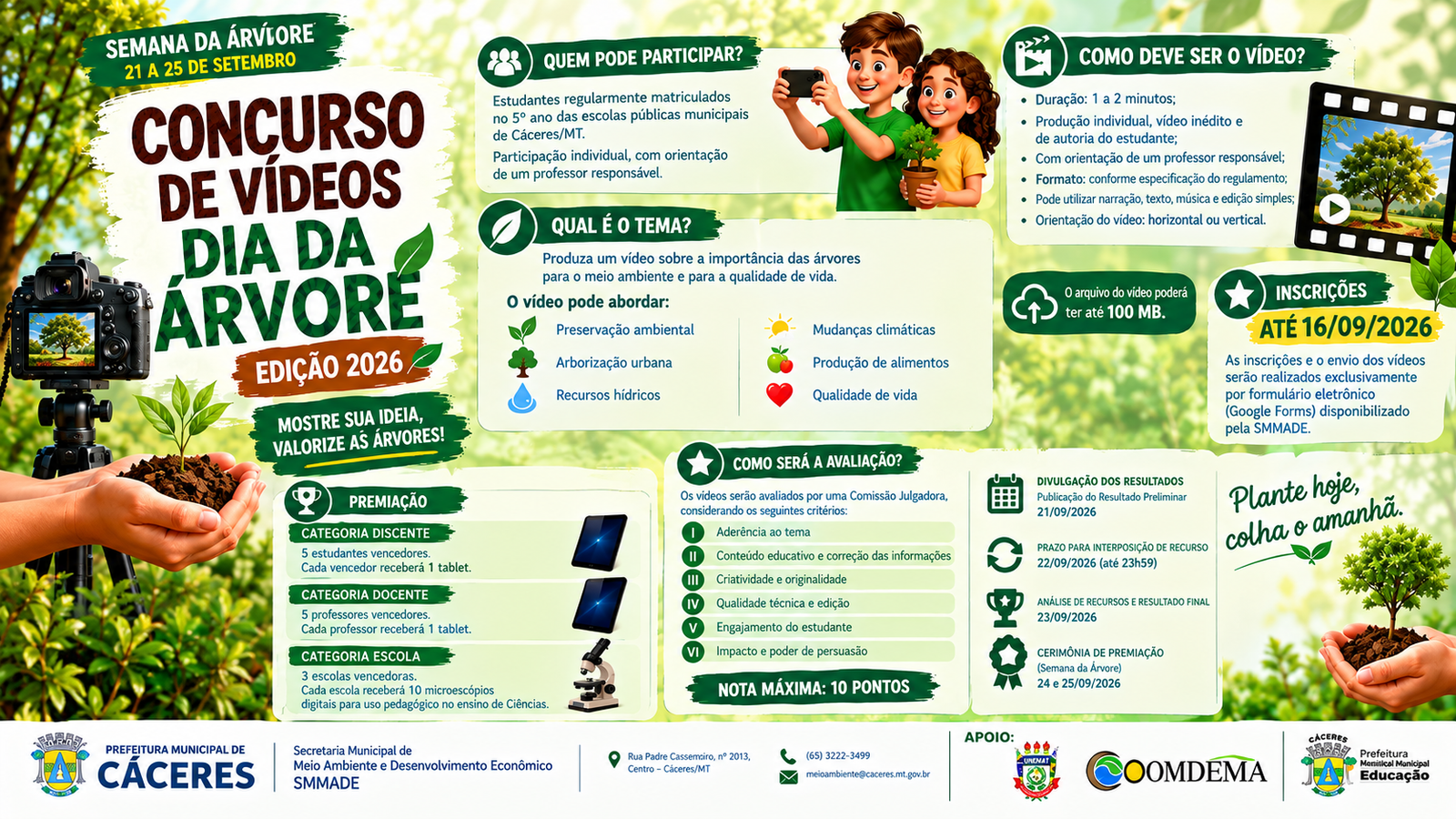 Concurso de Vídeos Dia da Árvore: Prefeitura de Cáceres estimula educação ambiental